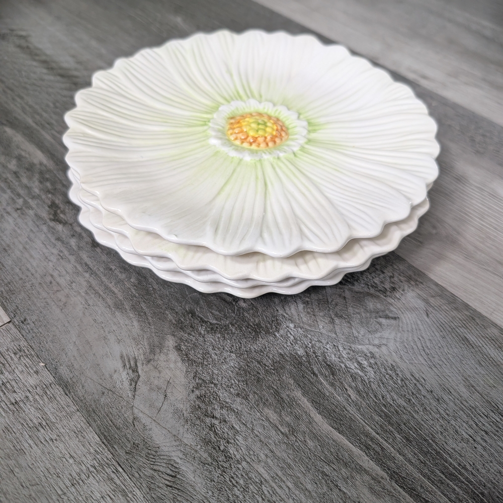 Set Of 4 Ceramic Floral White Plates